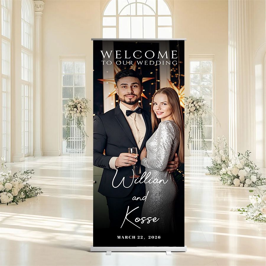 Customized wedding retractable banners - personalized photo wedding welcome signs, reception decorations and background curtains